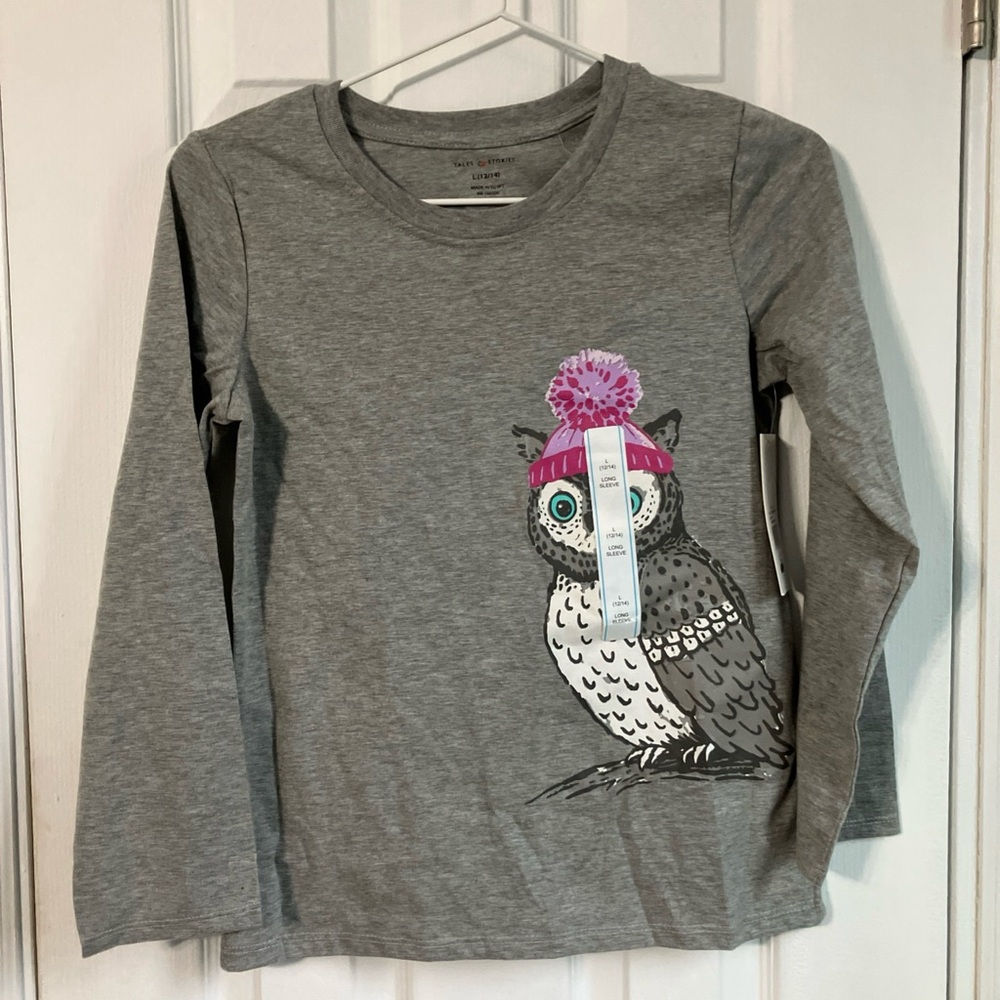 Girls Youth Gray Long Sleeve T-Shirt  Owl With Pink & Purple Winter Hat NWT